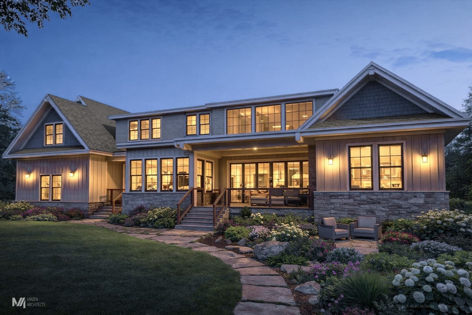 Custom home architecture rendering representing Mazen Architects services